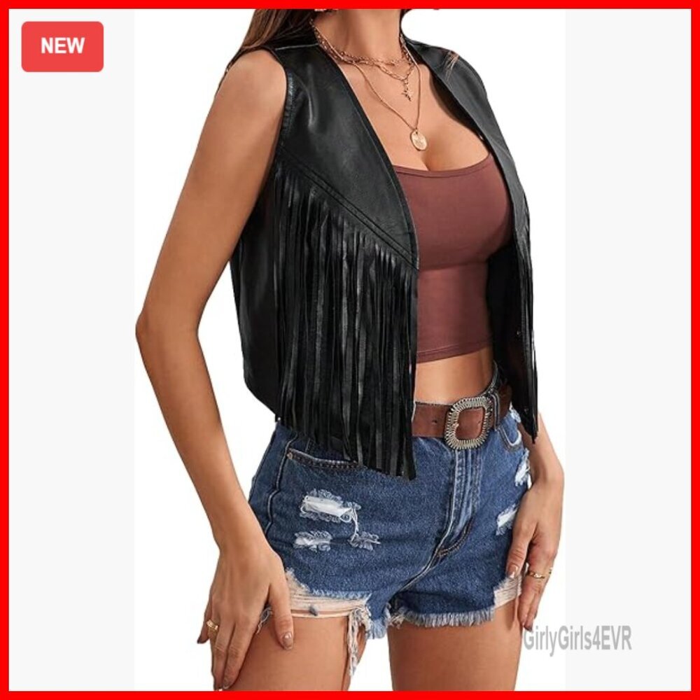 PU Leather Fringe Vest Sleeveless Open Front 70s Hippie Style - Picture 1 of 5